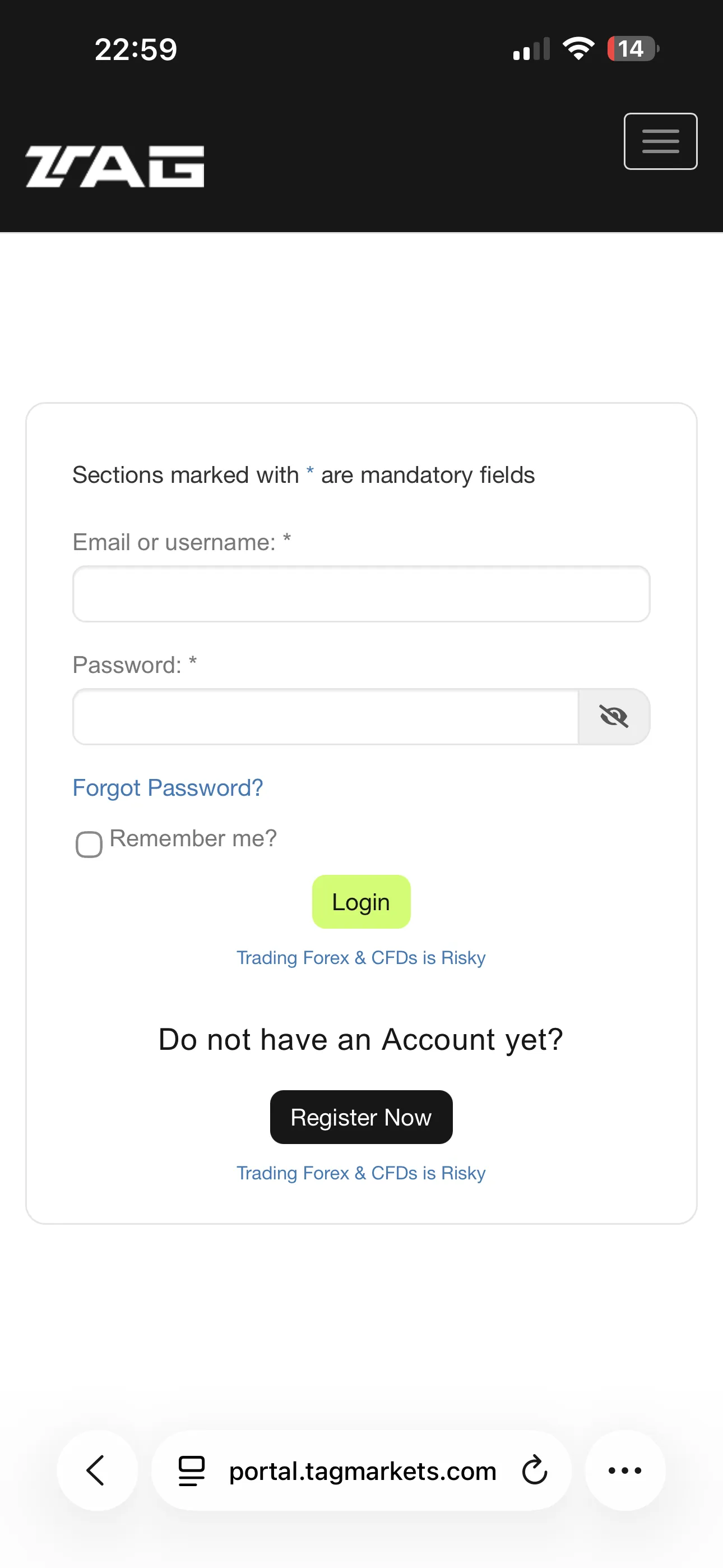 The Tag Markets portal login screen at portal.tagmarkets.com, with email and password fields